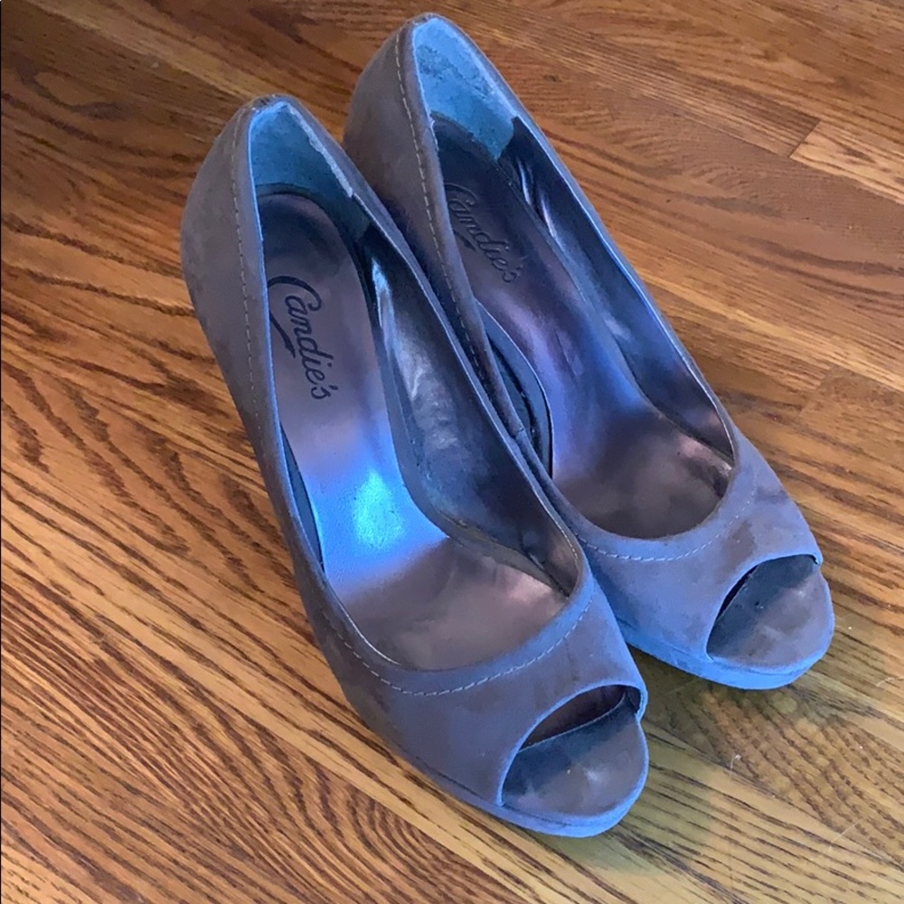 Faux grey suede open toed 4.5” heels
